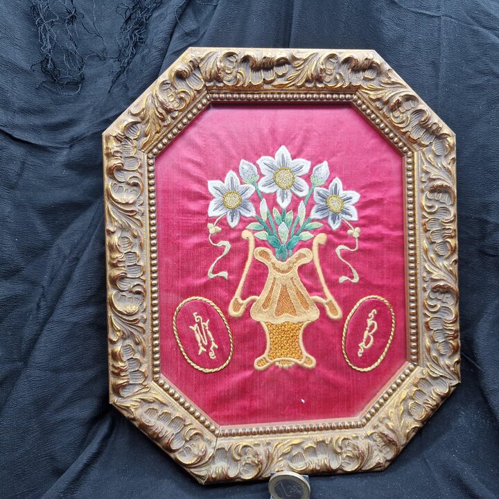 Framed Hand Embroidery on Red Silk, Goldwork Flower Vase Portrait, Vintage Spanish Octagonal Gilt Wood Frame, Monograms M and B
