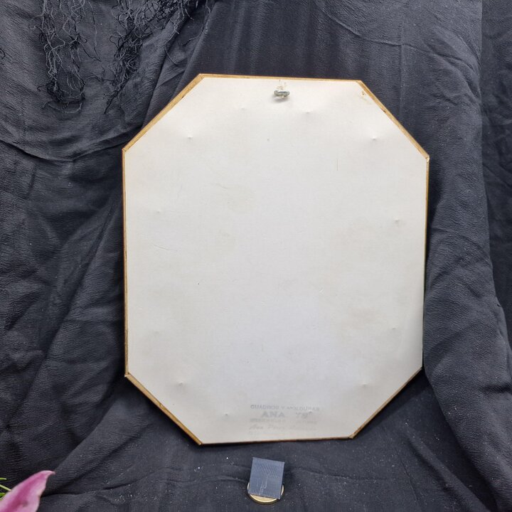 Framed Hand Embroidery on Red Silk, Goldwork Flower Vase Portrait, Vintage Spanish Octagonal Gilt Wood Frame, Monograms M and B