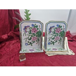 Serre Livres Vintage en Émail de Canton, Paire de Supports de Livres Chinois en Laiton, Motifs de Pivoines et Papillon, Décor de
