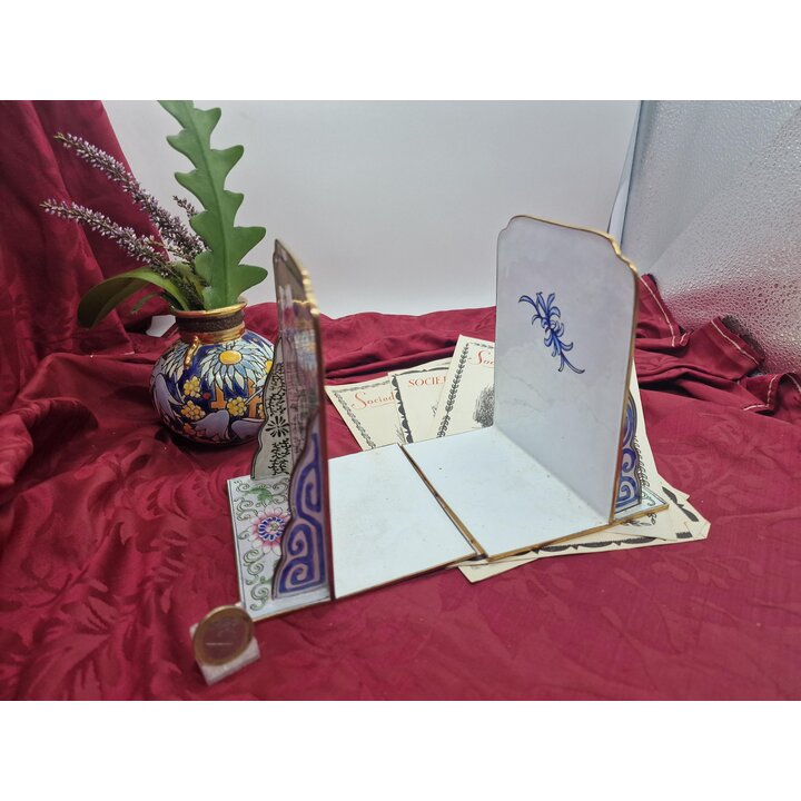 Serre Livres Vintage en Émail de Canton, Paire de Supports de Livres Chinois en Laiton, Motifs de Pivoines et Papillon, Décor de