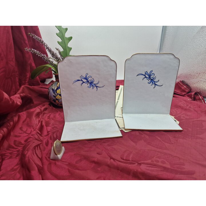 Serre Livres Vintage en Émail de Canton, Paire de Supports de Livres Chinois en Laiton, Motifs de Pivoines et Papillon, Décor de
