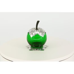 Vintage Apple Shaped Candy Dish in Green Glass and Silver Metal - Decorative Sugar Bowl
