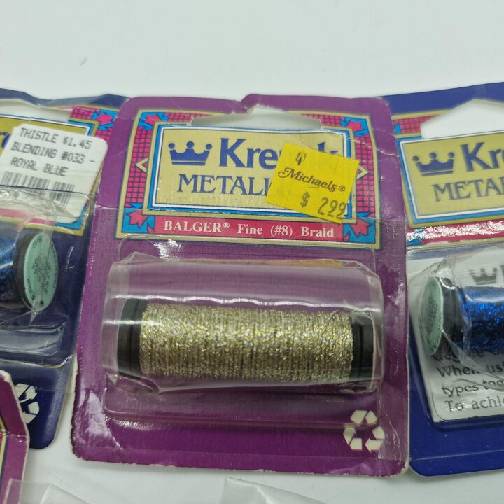 Lot of 10 Vintage Kreinik Balger Metallic Embroidery Threads - Gold and Silver and Royal Blue - Blending Filament and Braid No. 