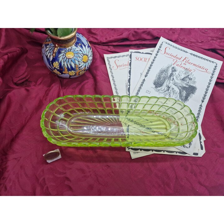 Travessa Oval de Vidrio de Uranio, Prato de Servir Padrao Waffle Waterford, Hocking Glass, Vidro de Depressao Art Deco Vintage