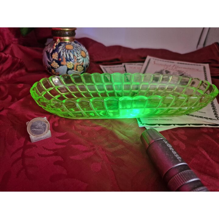 Uranglas Schale Waffelmuster, Waterford Depression Glass Relish Dish, Hocking Glass Company, Art Deco Pressglas Celery Tray Vint