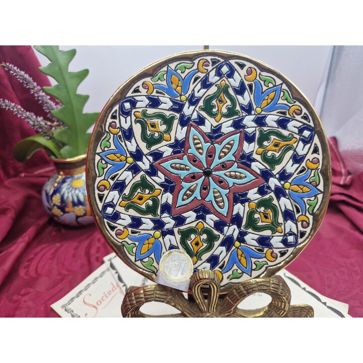 Wandteller und Keramik Simón Artesanía Toledo, Mudejar Motiv mit 24K Gold, Handbemalte Majolika, Vintage Spanien