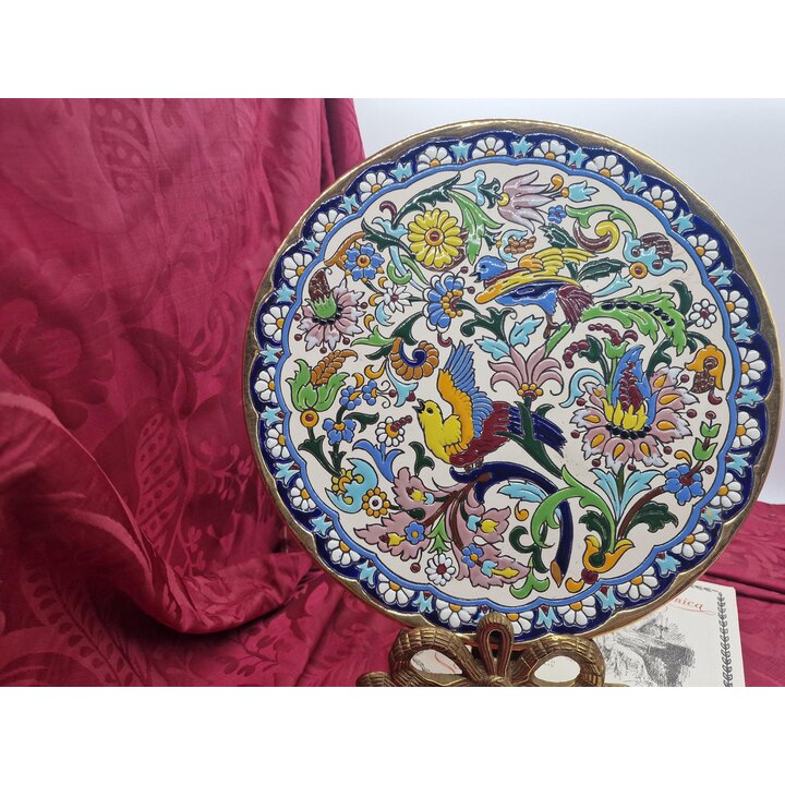 Decorative Ceramic Plate Cerámicas Sevilla Pimienta 11 Spain, Hand Painted Cuerda Seca with 24K Gold, Birds and Flowers Motif, 3