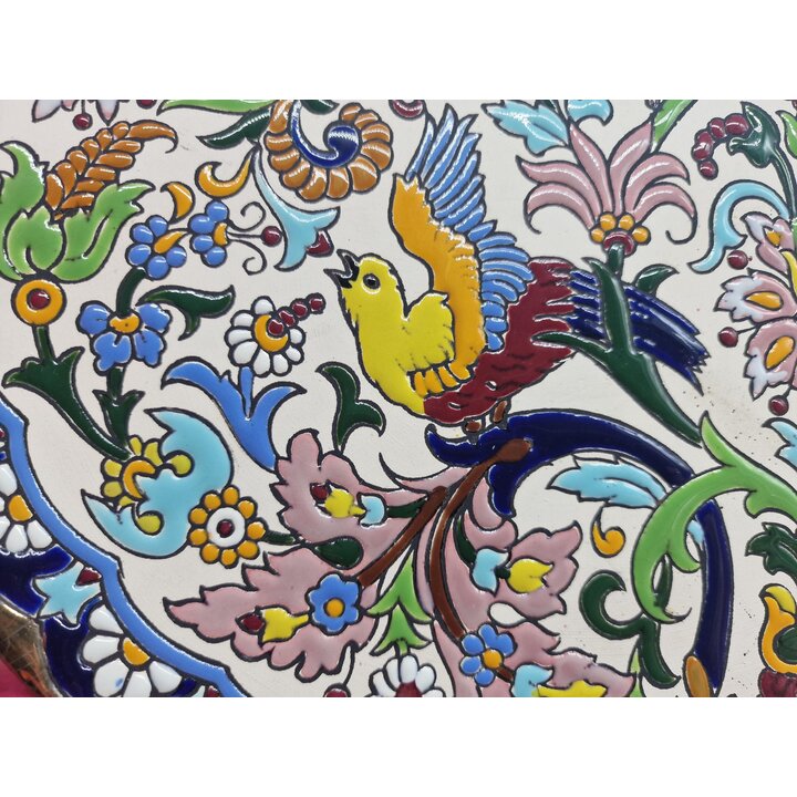 セビリア焼 飾り絵皿 セラミック プレート Cerámicas Sevilla Pimienta 11 スペイン クエルダセカ 手描き 金彩 24Kゴールド 鳥と花 31cm