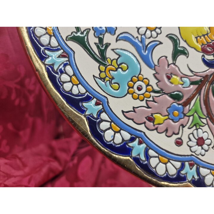 Prato Decorativo de Cerâmica Cerámicas Sevilla Pimienta 11 Espanha, Pintado à Mão Cuerda Seca e Ouro 24K, Pássaros e Flores, 31 