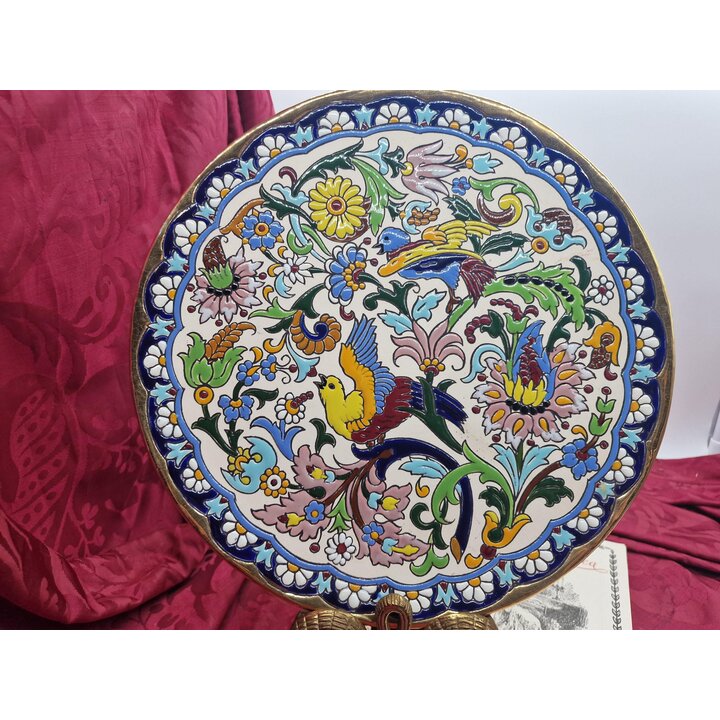 Prato Decorativo de Cerâmica Cerámicas Sevilla Pimienta 11 Espanha, Pintado à Mão Cuerda Seca e Ouro 24K, Pássaros e Flores, 31 