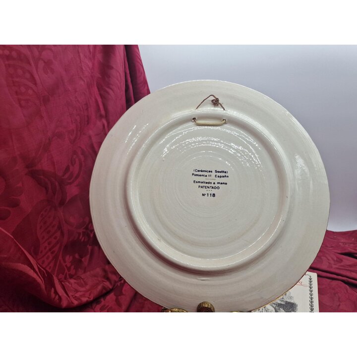 Piatto Decorativo Ceramica Cerámicas Sevilla Pimienta 11 Spagna, Dipinto a Mano Cuerda Seca con Oro 24K, Uccelli e Fiori, Vintag