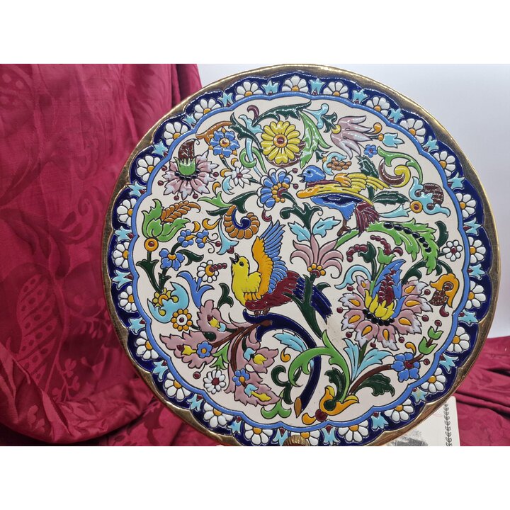 Decorative Ceramic Plate Cerámicas Sevilla Pimienta 11 Spain, Hand Painted Cuerda Seca with 24K Gold, Birds and Flowers Motif, 3