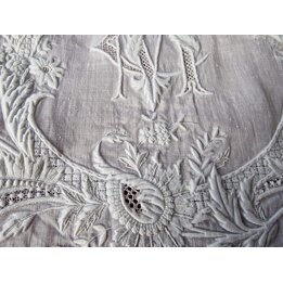 Juego de Cama Francés Antiguo de Lino sin Coser, Sábana y Funda Bordada a Mano Monograma MC Trousseau, Tela de Época de Lino Pur