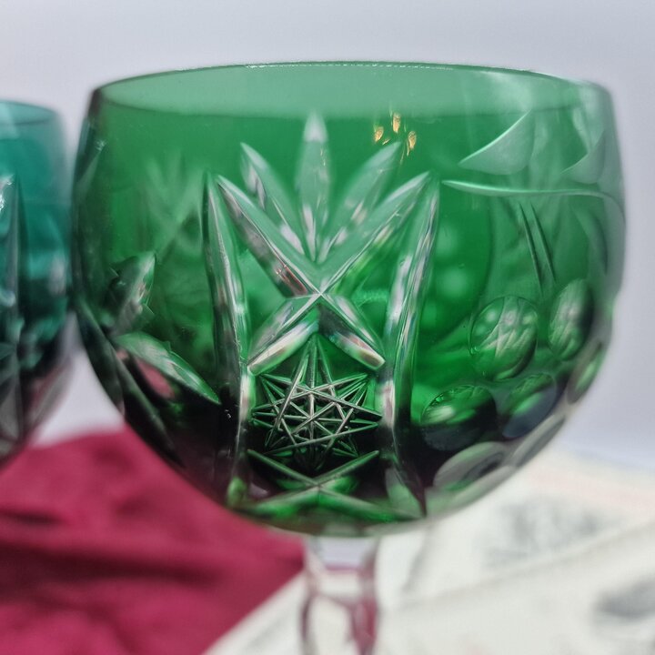 Conjunto de 2 Tacas de Vinho Roemer Vintage, Bavaria Bleikristall 24% de Cristal Lapidado, Verde Esmeralda e Turquesa, Alemanha 