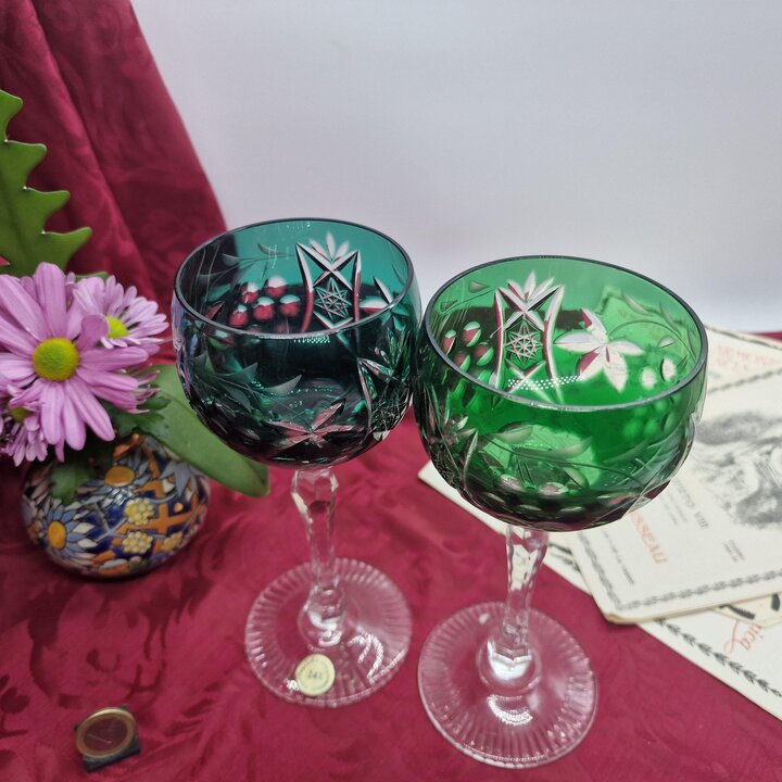 Zestaw 2 Kieliszkow Roemer Vintage, Bavaria Bleikristall 24% Krysztal Dwubarwny, Szmaragdowy i Turkusowy Wzor Winogron, Niemcy L