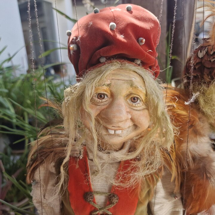 Papageno and Papagena Artist Marionettes from Mozart's Magic Flute, Plaster and Antique Textile Dolls by Designer Maxi for Opera
