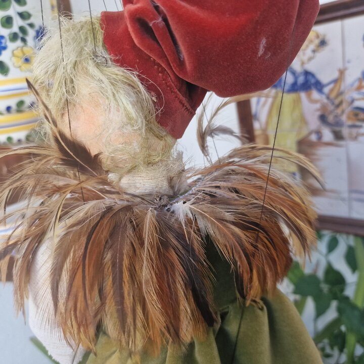 Papageno and Papagena Artist Marionettes from Mozart's Magic Flute, Plaster and Antique Textile Dolls by Designer Maxi for Opera