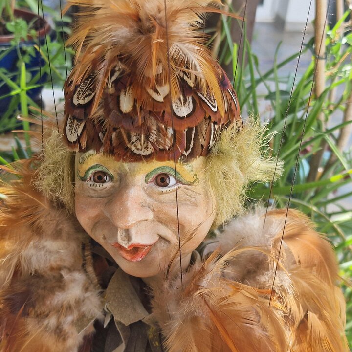 Papageno and Papagena Artist Marionettes from Mozart's Magic Flute, Plaster and Antique Textile Dolls by Designer Maxi for Opera
