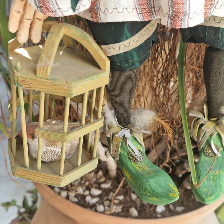 Papageno and Papagena Artist Marionettes from Mozart's Magic Flute, Plaster and Antique Textile Dolls by Designer Maxi for Opera