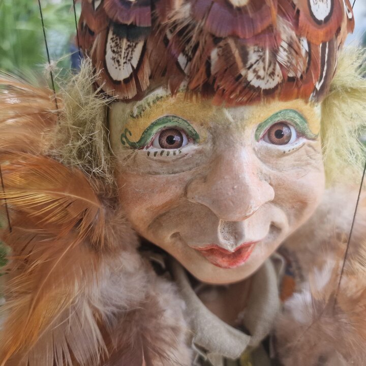 Papageno and Papagena Artist Marionettes from Mozart's Magic Flute, Plaster and Antique Textile Dolls by Designer Maxi for Opera