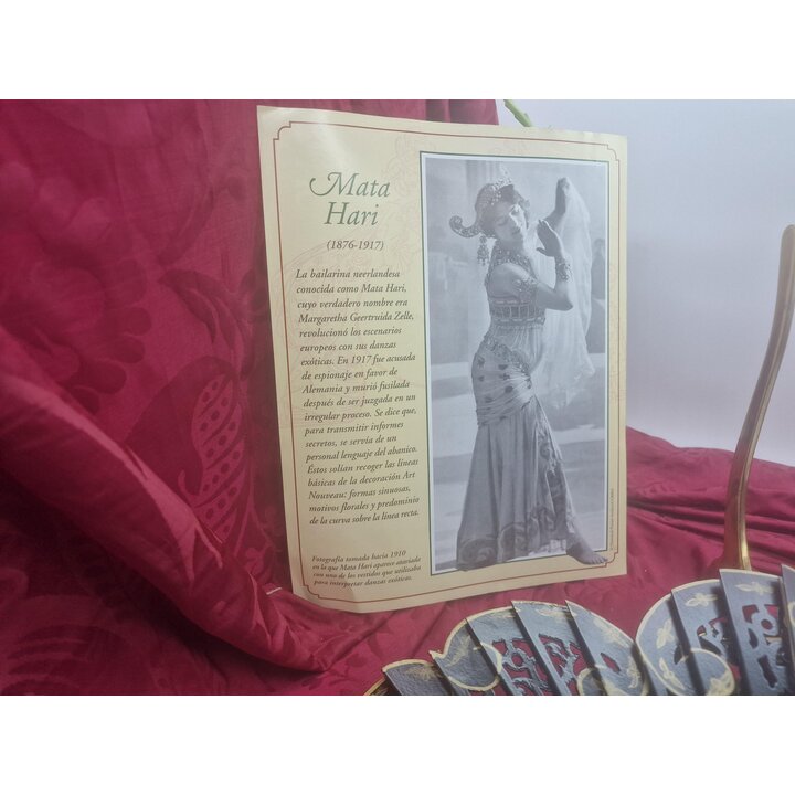 Abanico de Colección Mata Hari N 5 Planeta DeAgostini, Madera Calada Negra y Oro Estilo Art Nouveau con Folleto, Alto 22 cm