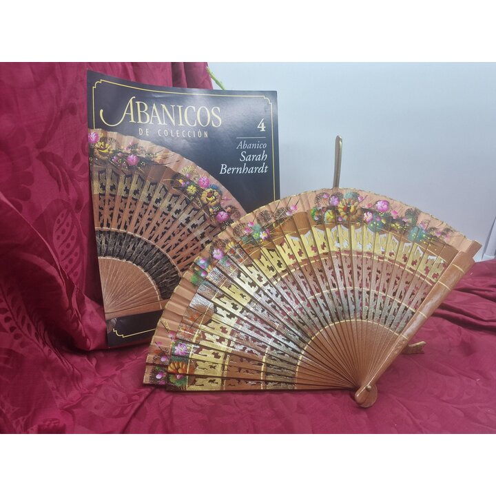 Vintage Hand Fan Sarah Bernhardt Collector Spanish Wood Fan Floral Hand Painted Folding Fan with Booklet 23 cm