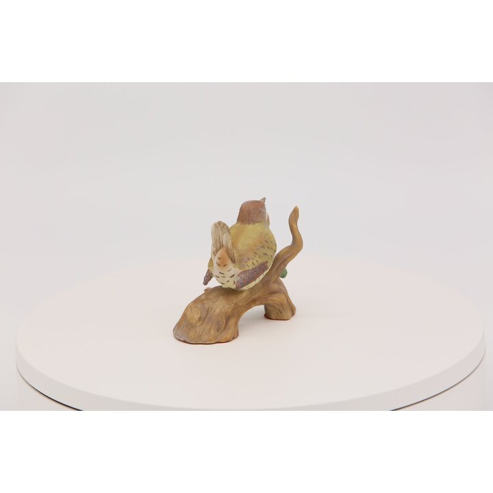 Porcelain Wren Figurine Hand Painted Bird Perched on Branch with Flower, Vintage Bisque Ceramic Bird Sculpture Table Decor Colle