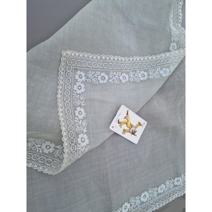 Antikes Organza Kopftuch Handgestickt Spitzen Borde Schleier Mantilla 70x70 cm Vintage Stickerei Deckchen Tischlaeufer
