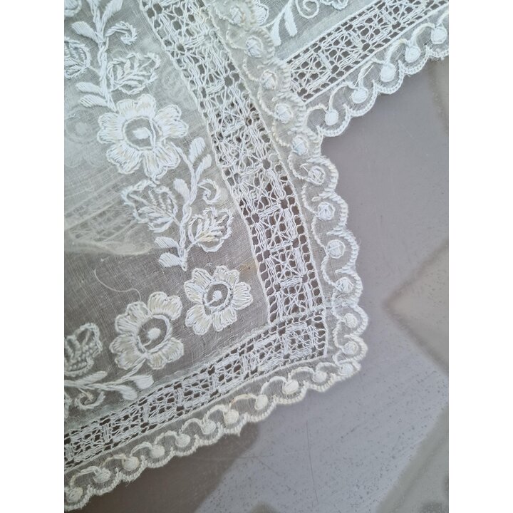 Chustka Antyczna Organza Haft Ręczny Koronka Welon Mantyla 70x70 cm Vintage Chusta Kwiatowa Serweta Haftowana