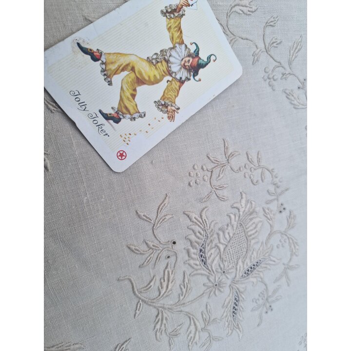Toalha de Mesa em Linho Bordada a Mão 170x300 cm, Conjunto Vintage Bege de Banquete com 16 Guardanapos, Jogo de Mesa 17 Peças