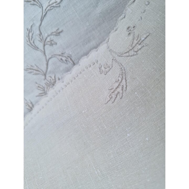 Toalha de Mesa em Linho Bordada a Mão 170x300 cm, Conjunto Vintage Bege de Banquete com 16 Guardanapos, Jogo de Mesa 17 Peças
