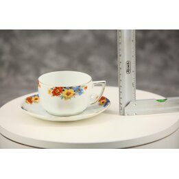 Tasse à Thé et Soucoupe en Porcelaine, Bohemia Tchécoslovaquie, Service Vintage à Fleurs et Dorure, Vaisselle Mid-Century 200 ml