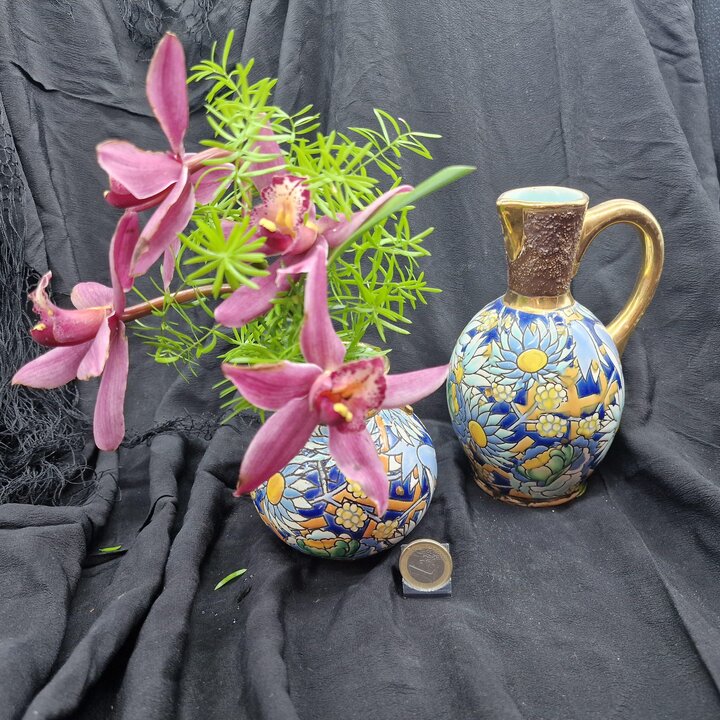 Set Miniatura Boch Frères La Louvière: Brocca e Vaso Art Déco - Ceramica Blu Cobalto e Oro