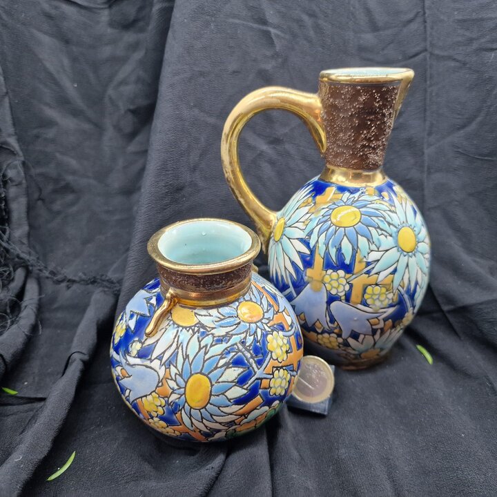 Ensemble Miniature Boch Frères La Louvière: Pichet et Vase Art Déco - Céramique Bleu Cobalt et Or