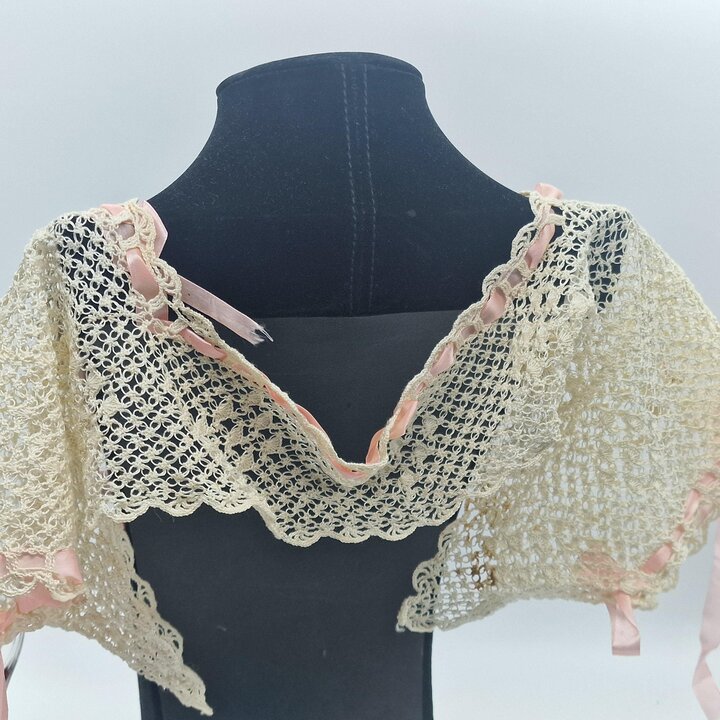 Antique Lace Yoke Collar Insert, Linen Crochet Lace with Silk Ribbon for Nightgown Sewing, Edwardian Bodice Piece Size XS