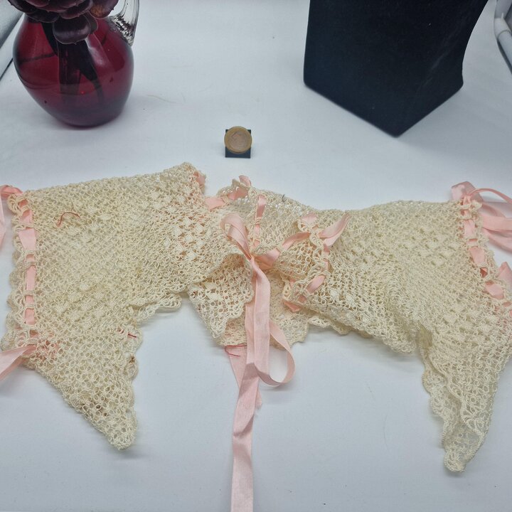 Antique Lace Yoke Collar Insert, Linen Crochet Lace with Silk Ribbon for Nightgown Sewing, Edwardian Bodice Piece Size XS