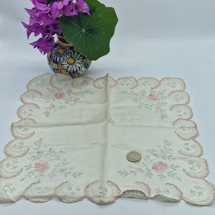 Antique Silk Handkerchief, Reversible Hand Embroidered Hanky, Bridal Wedding Pocket Square, Scalloped Fan Border, 1920s Textile 