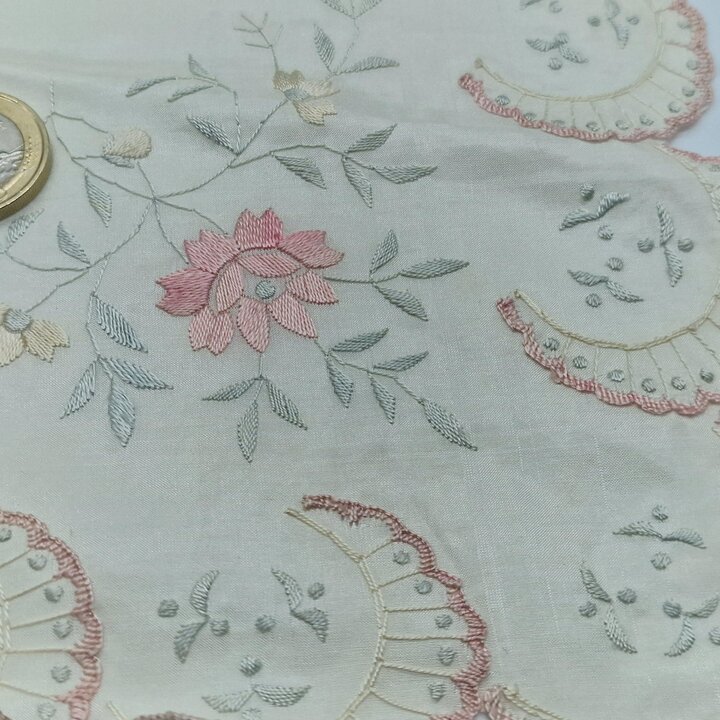 Antique Silk Handkerchief, Reversible Hand Embroidered Hanky, Bridal Wedding Pocket Square, Scalloped Fan Border, 1920s Textile 