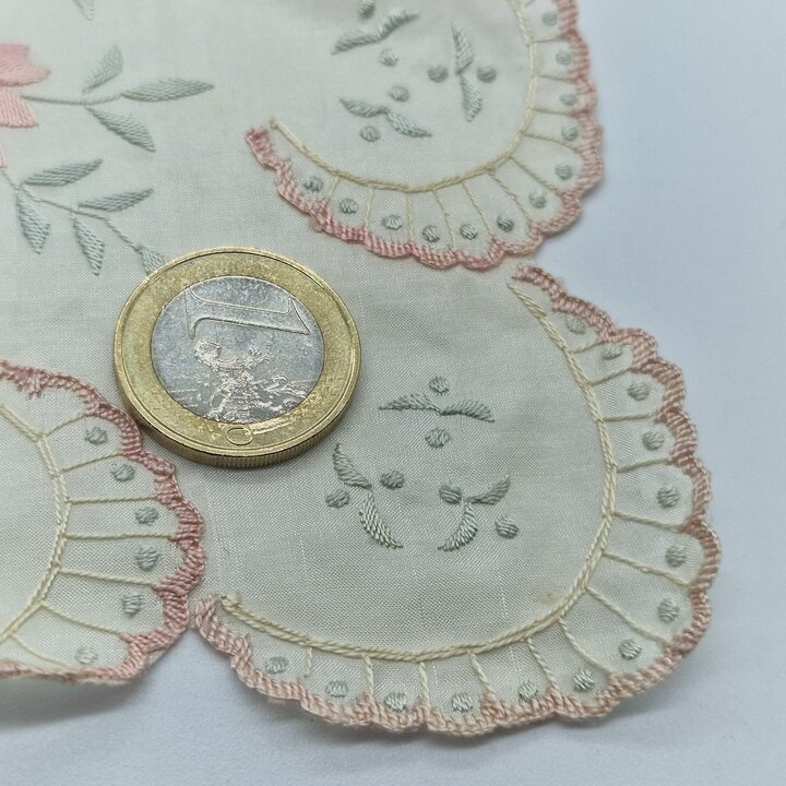 Antique Silk Handkerchief, Reversible Hand Embroidered Hanky, Bridal Wedding Pocket Square, Scalloped Fan Border, 1920s Textile 