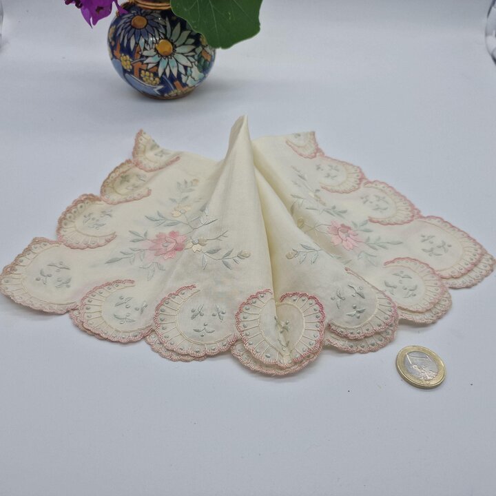 Antique Silk Handkerchief, Reversible Hand Embroidered Hanky, Bridal Wedding Pocket Square, Scalloped Fan Border, 1920s Textile 