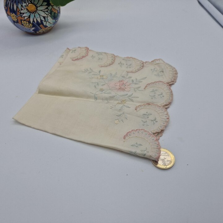 Antique Silk Handkerchief, Reversible Hand Embroidered Hanky, Bridal Wedding Pocket Square, Scalloped Fan Border, 1920s Textile 