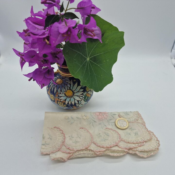 Antique Silk Handkerchief, Reversible Hand Embroidered Hanky, Bridal Wedding Pocket Square, Scalloped Fan Border, 1920s Textile 