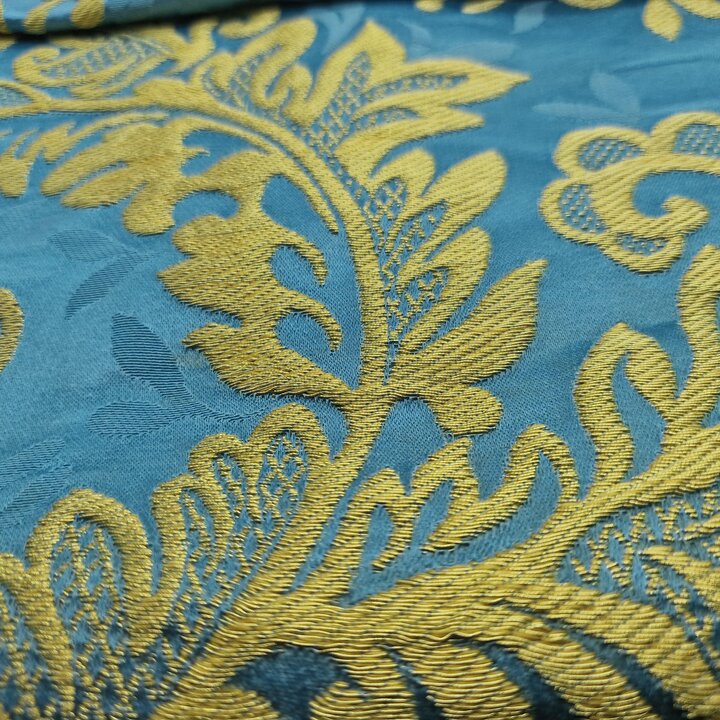Tecido de Seda Valenciana Seda Estrecha, Damasco Gabriela Azul e Ouro, 100 Por Ciento Seda Jacquard 55cm, Paramentos Litúrgicos 