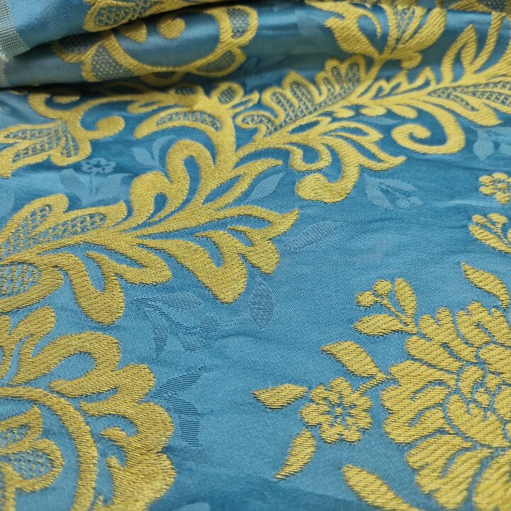 Tecido de Seda Valenciana Seda Estrecha, Damasco Gabriela Azul e Ouro, 100 Por Ciento Seda Jacquard 55cm, Paramentos Litúrgicos 