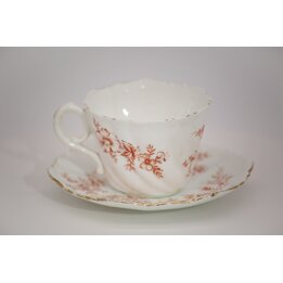 Vintage Theekop en Schotel Set, Europees Wit Keramiek, Roze Bloemen en Spiraal Relief met Goudrand, Retro Servies Jaren 60