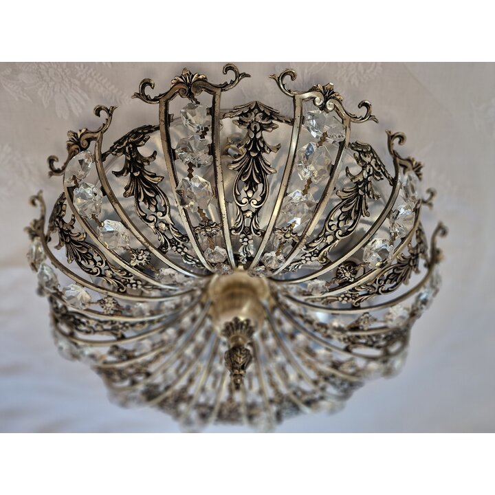 Lustre Plafon Vintage de Cristal e Latão Prateado, 4 Luzes, Espanha Anos 60, Decoração Mid-Century Modern