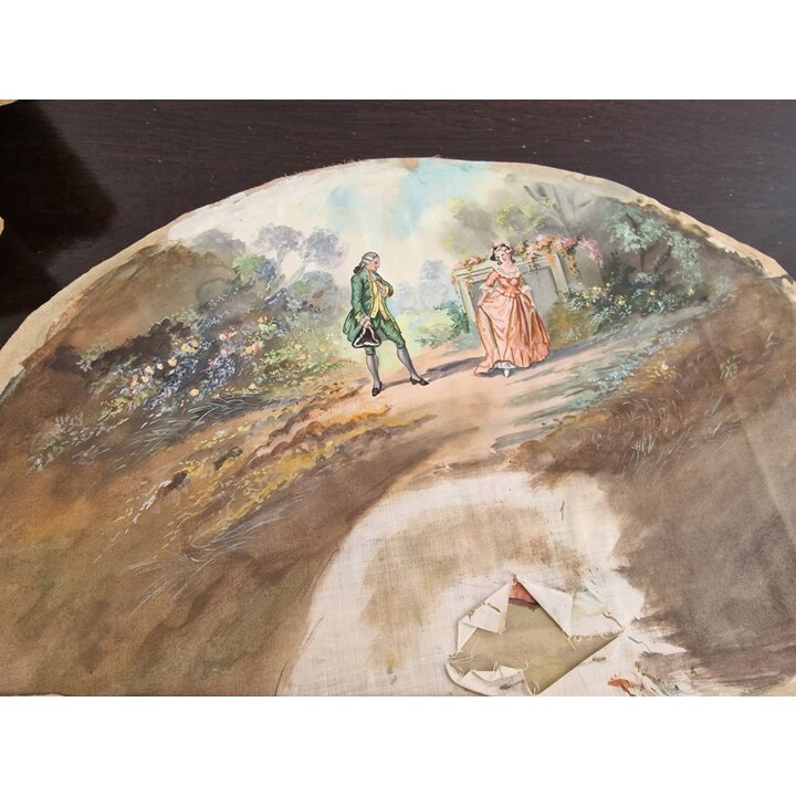 Foglio di ventaglio antico dipinto a mano, cotone Belle Époque, scena rococò Fêtes Galantes, per cornice o restauro, 35x22 cm