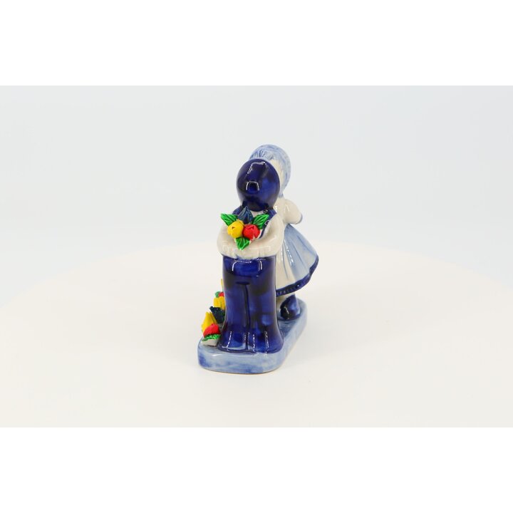 Figura Estatua de Cerámica, Azul de Delft, Pareja de Beso Holandés con Tulipanes, 11,5 cm Pintada a Mano Vintage Años 1980
