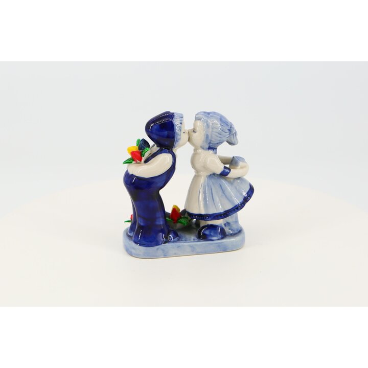 Keramikfigur Statue, Delfter Blau, Holländisches Kuss Paar Tulpen, 11,5 cm Handbemalt Vintage 1980er Sammlerstück