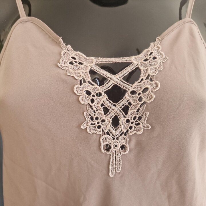 Vintage 1980s Camisole Strap Top, Taupe Beige Satin Camisole with Guipure Lace Neckline Detail, Size S